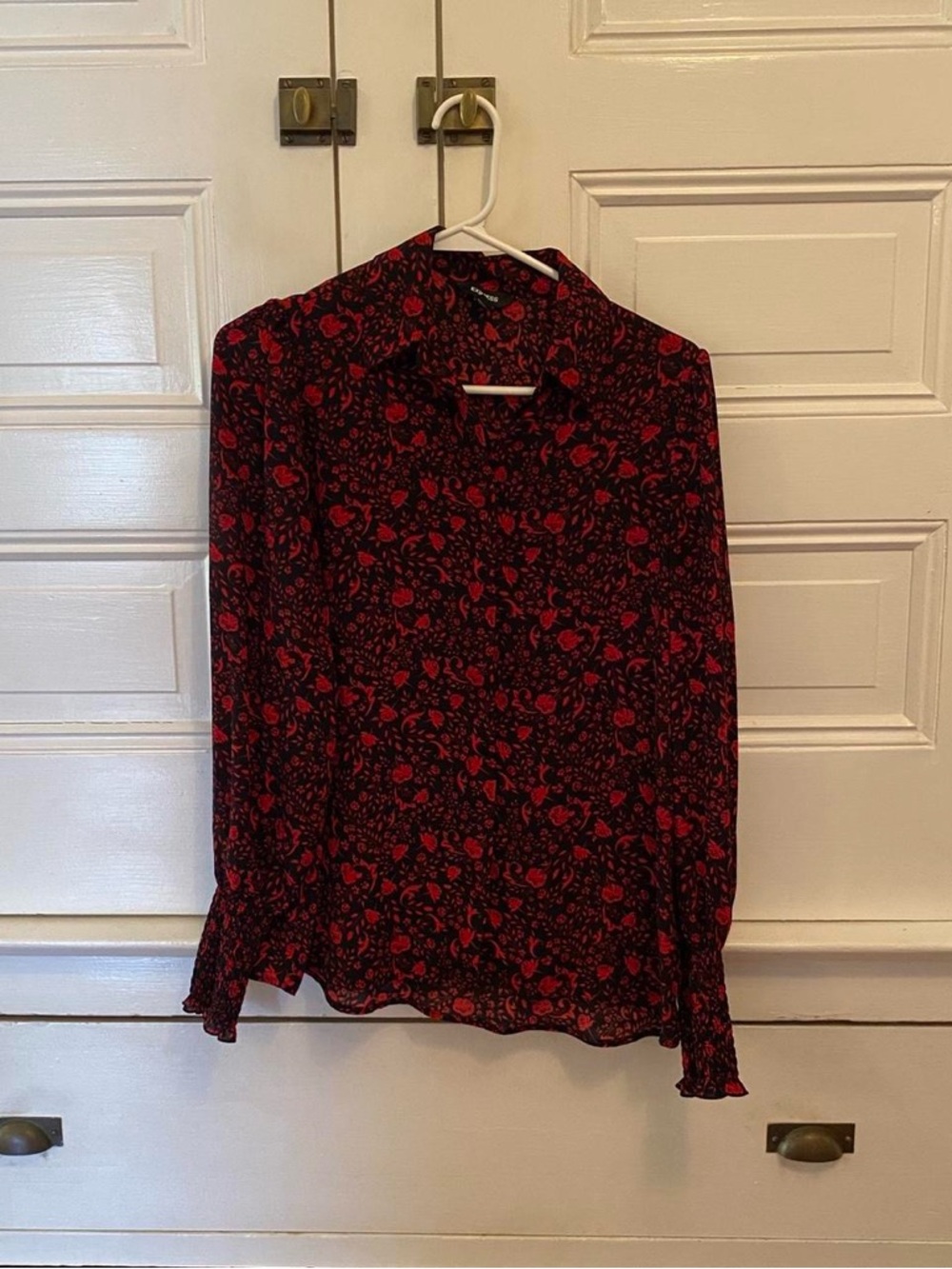Express Black Blouse with Red Floral Print